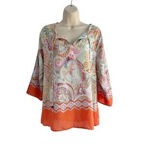 Saint Tropez West Women's Sz S Orange Blue Paisley Flowy Boho Hippie Chic Blouse